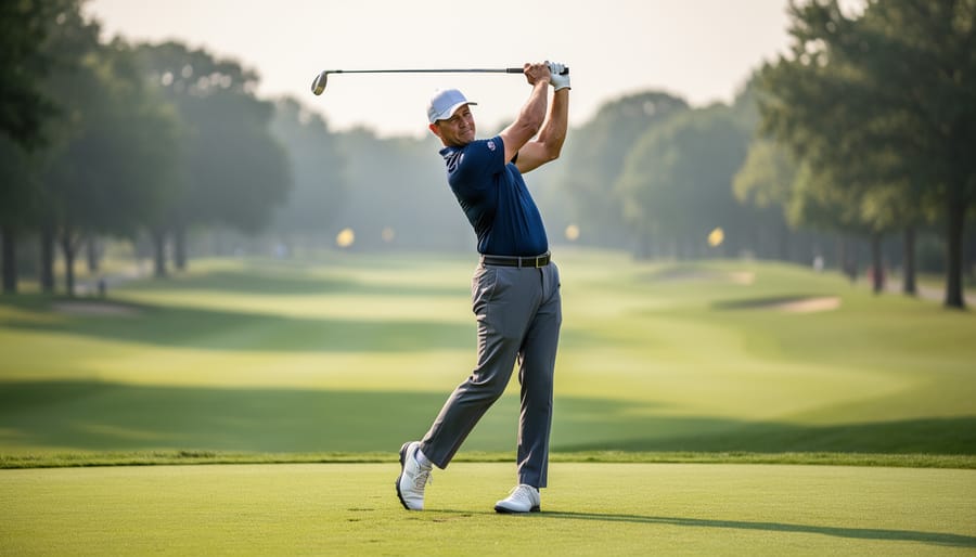Golfer holding a balanced finish position after a single plane swing