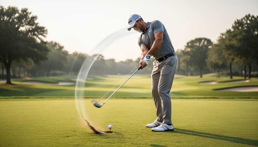 Golfer swinging through impact with the club extended over the ball on a golf course