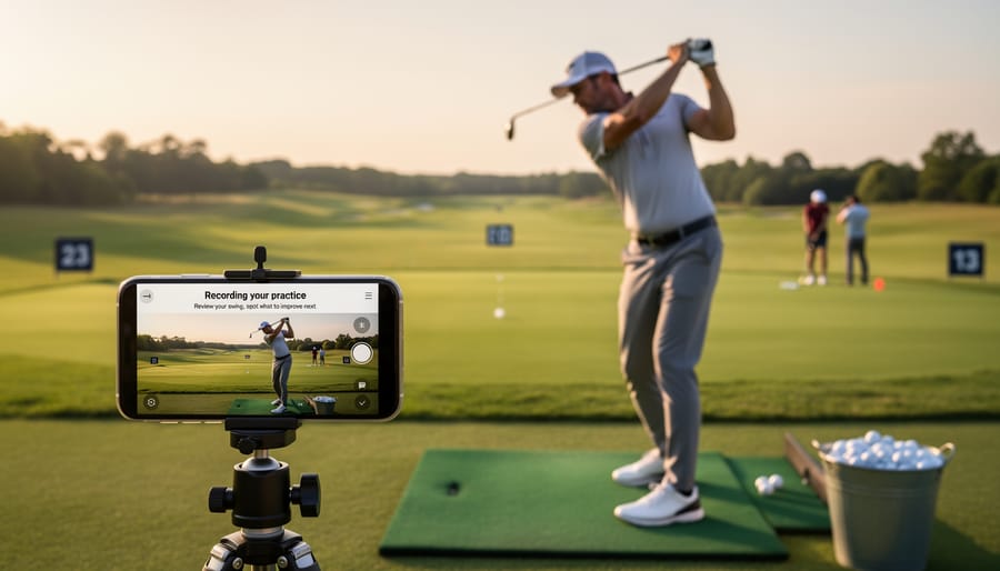 Smartphone mounted on a tripod recording a golfer’s practice swing at a golf course