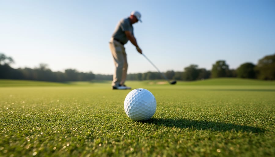 Golf ball landing and rolling smoothly on a fairway during golden hour