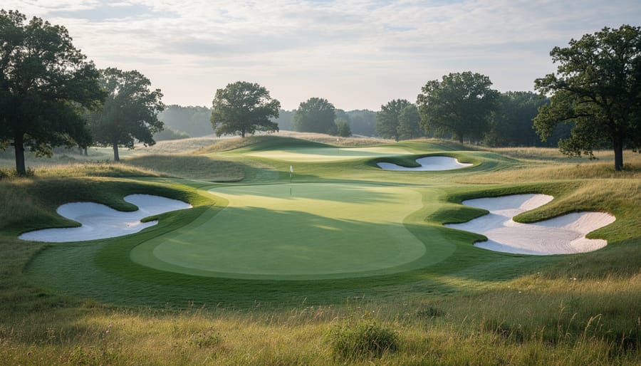 Wide view of a golf fairway with natural sand bunkers and mature trees in warm golden-hour light