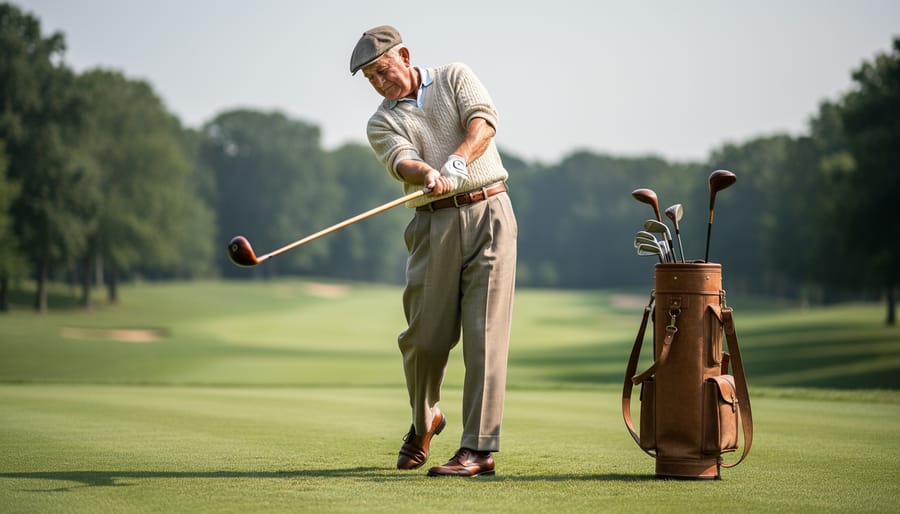 Vintage wooden golf club and ball resting on a practice mat in soft morning light