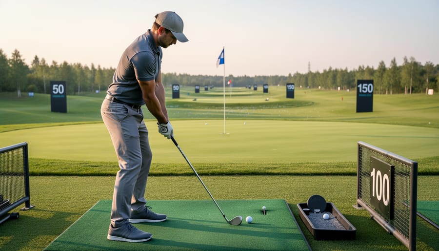 Beginner golfer at a driving range preparing to hit a golf ball.