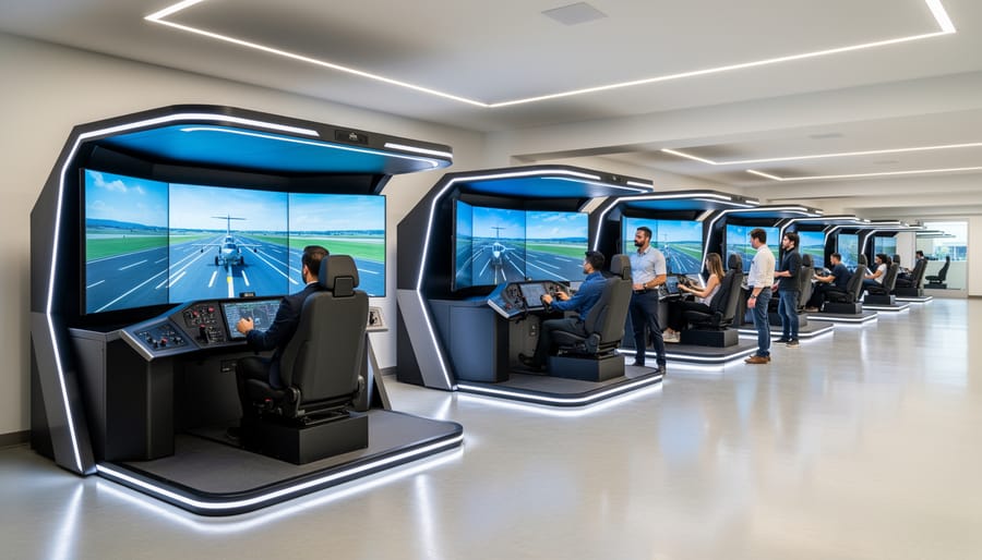 Row of indoor simulator bays at an indoor golf club with a golfer practicing in one bay