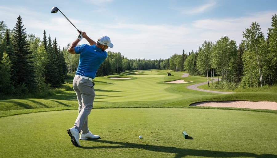 Golfer swinging on a Canadian golf course with a manicured fairway stretching into the distance