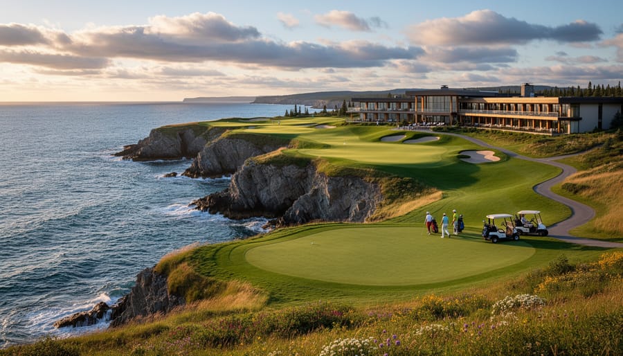 Golfers on a coastal resort course with ocean waves and a curving fairway at golden hour