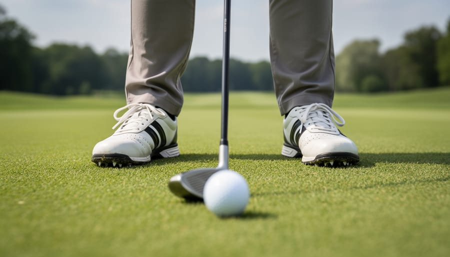 Golfer standing at address with feet grounded and the club positioned behind the ball on a fairway.