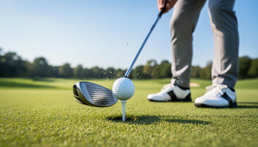 Golf club making contact with the ball on a practice mat with visible turf near impact.