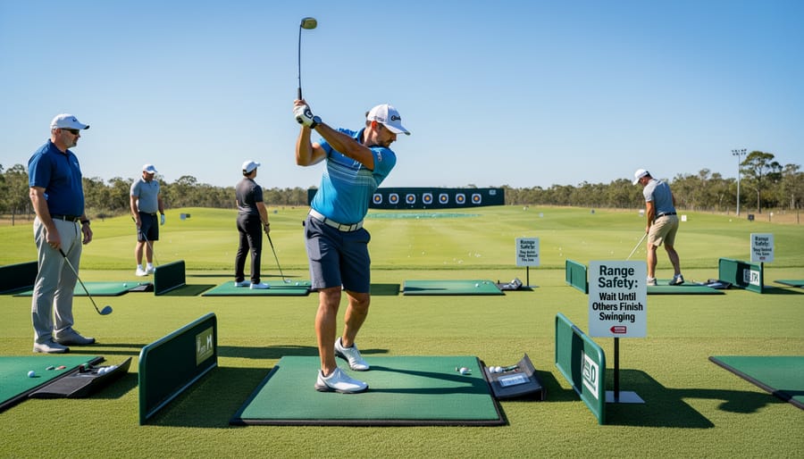 Golfers practicing on a range with clear spacing and safe distance from others.