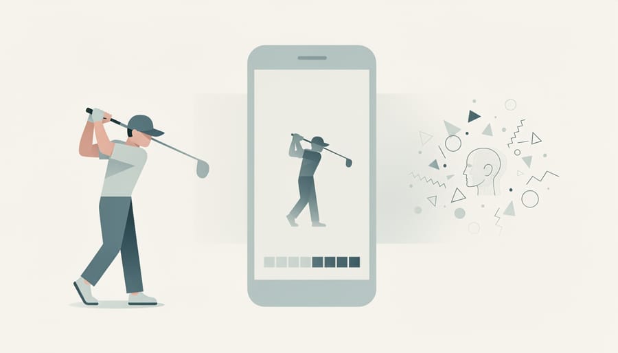 Golfer checking swing feedback on a phone near a practice area with club resting in the foreground.