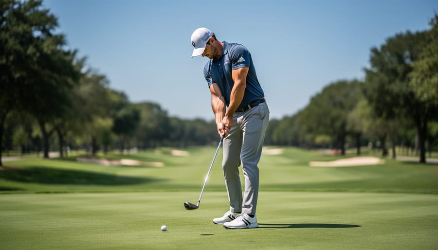 Golfer practicing a downswing feel with focused hand position toward the back pocket