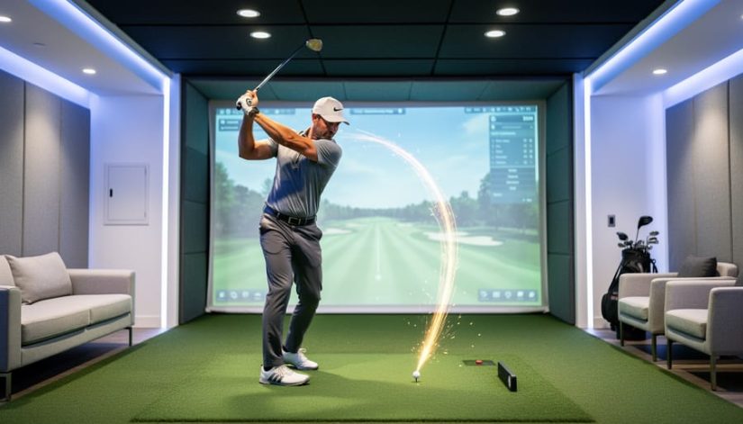 Golfer mid-swing in an indoor golf simulator bay with a glowing screen background indicating ball-flight tracking.