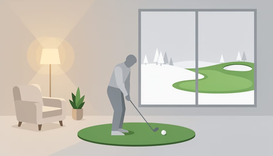 Golf ball on an indoor tee near a window showing blurred snow outside, suggesting year-round practice
