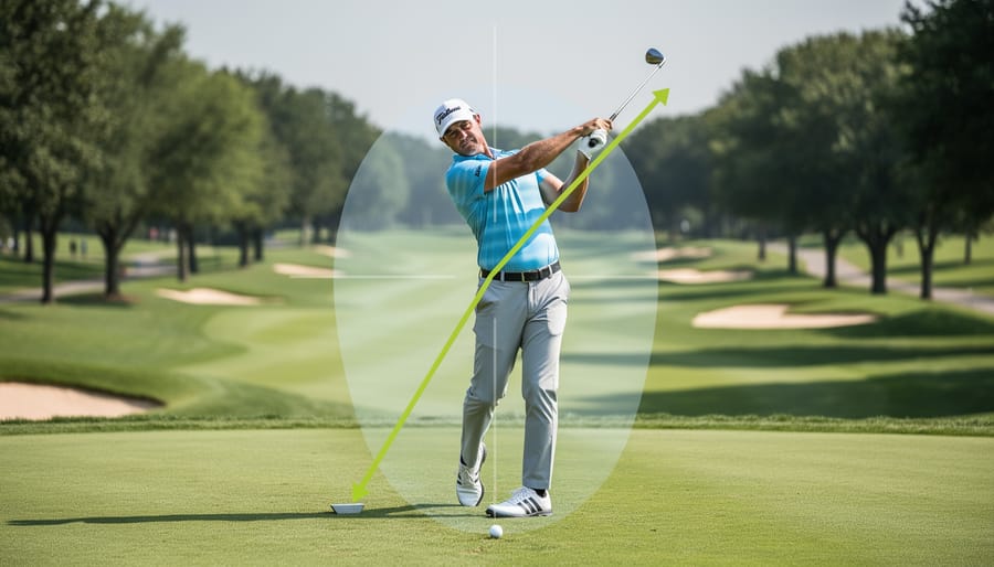 Golfer mid-downswing at a driving range with the trail elbow positioned away from the body