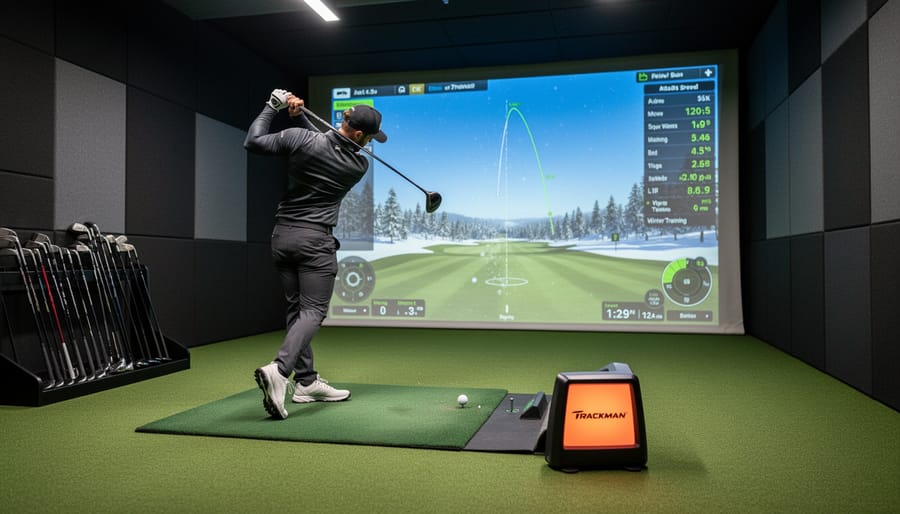 Golfer practicing in an indoor Trackman simulator bay in Scarborough with a launch monitor in view