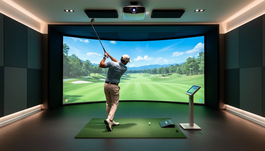 Golfer standing at an indoor tee mat watching a simulator display with a virtual golf fairway scene