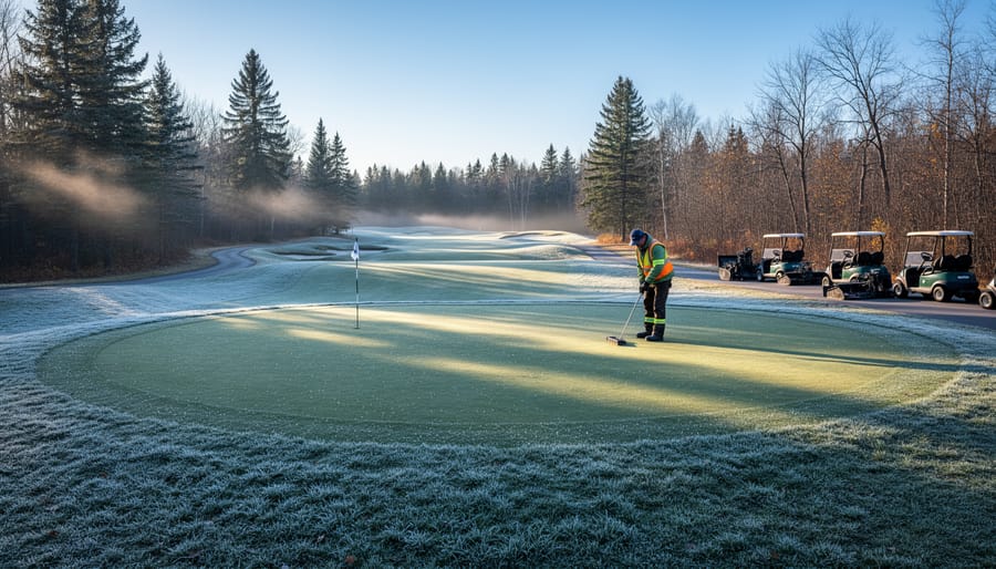 Snow-covered golf course with frost on the putting green and a clubhouse in the background