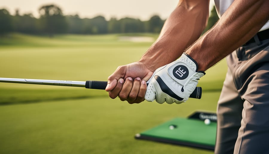 Close-up of golfer’s wrists and club shaft during practice swing