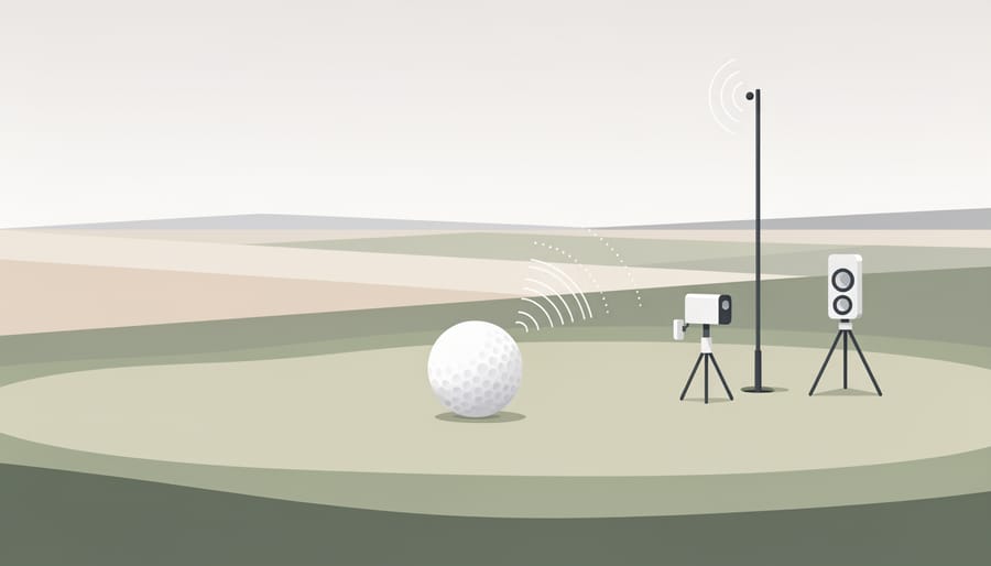 Golf ball on a tee with sensor and camera equipment at a golf practice facility during golden hour