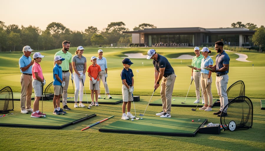 Parent and junior practicing golf with coaching assistance on a driving range