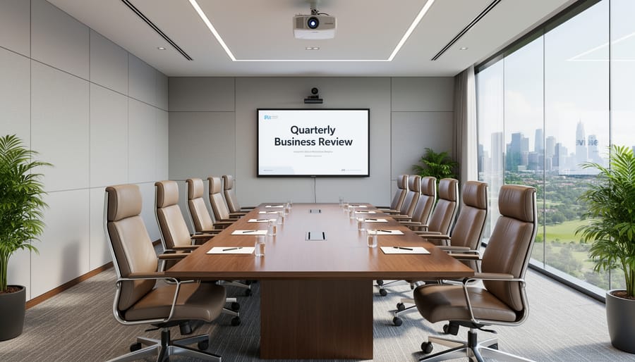 Boardroom interior with conference table and meeting equipment near large windows