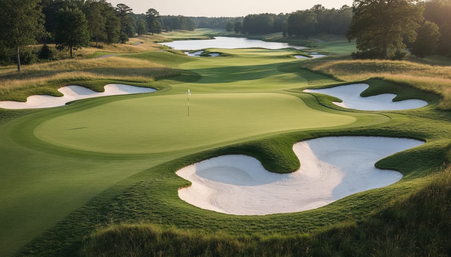 Golfer’s ball near the cup on a championship green with sand hazards in the background