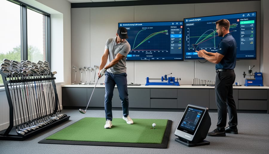 Hands adjusting a golf club on a tech-enabled fitting station with measurement tools nearby