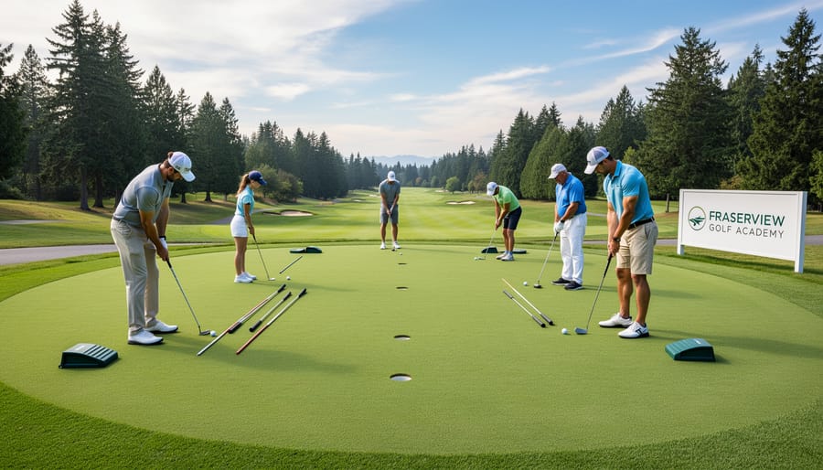 Golfer practicing putting with an instructor near a practice mat at a Vancouver golf academy