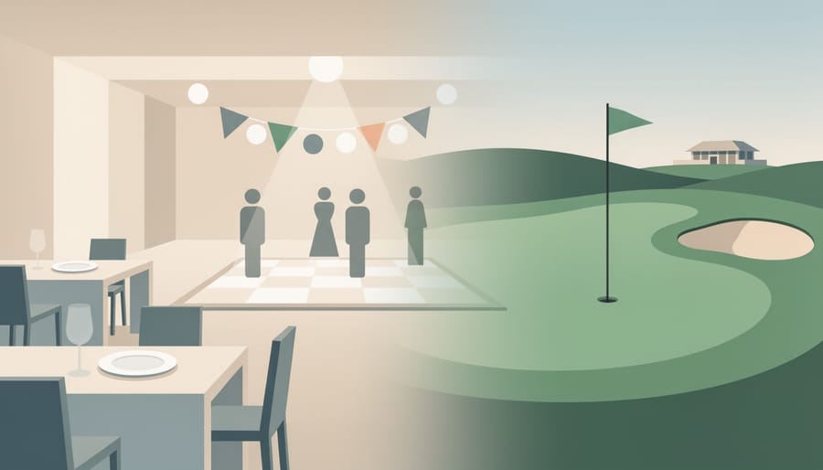 Decorated table showing event ambiance with golf course scenery in the background