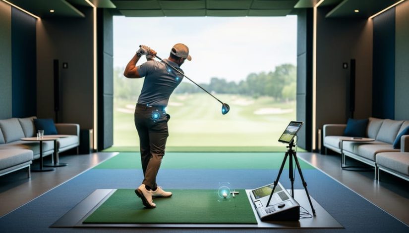Golfer swinging in a 3D golf center with a launch-monitor device and a tablet on a tripod nearby for swing analysis.