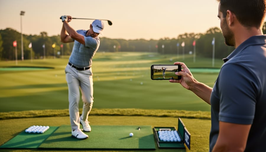 Golfer using a smartphone on a tripod to record a swing at a practice driving range