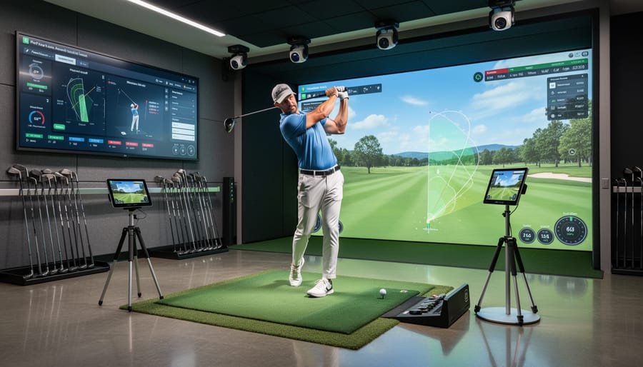 Golfer swinging in a technology-equipped golf practice bay with camera equipment and a launch monitor in the background