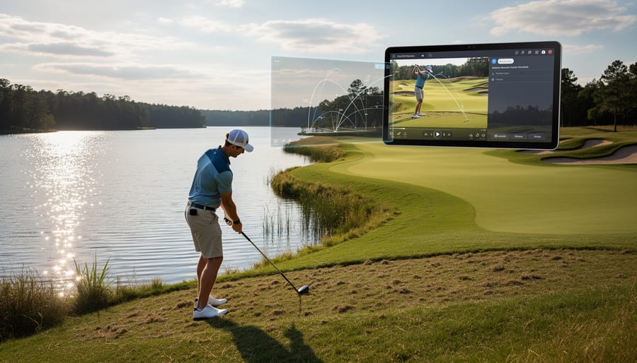 Golfer looking down a scenic fairway with water and sand hazards at golden hour