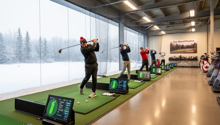 Golfer taking a practice swing at an indoor driving range with golf balls in the hitting bay