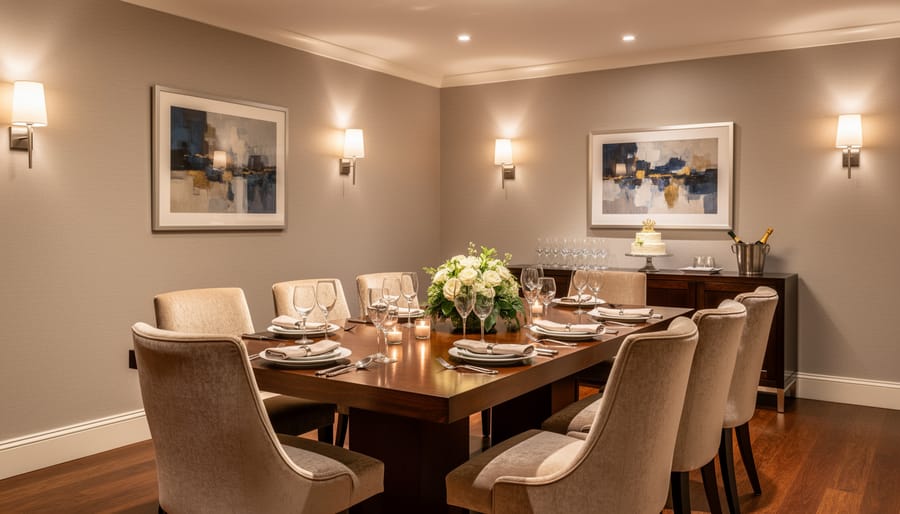 Intimate gathering room set up with place settings for an anniversary dinner