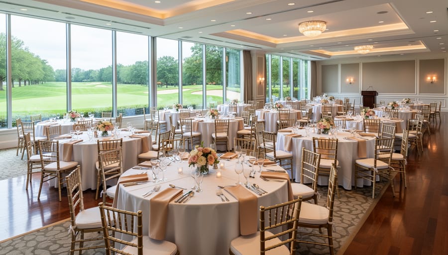 Main banquet hall with round tables, white linens, and golf course views through large windows