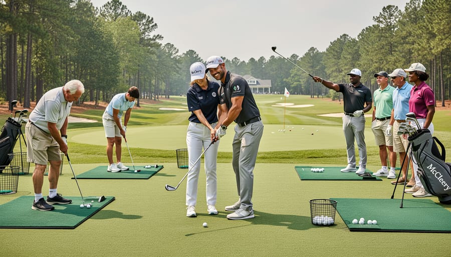 Golfers practicing at a public driving range with a coach guiding instruction
