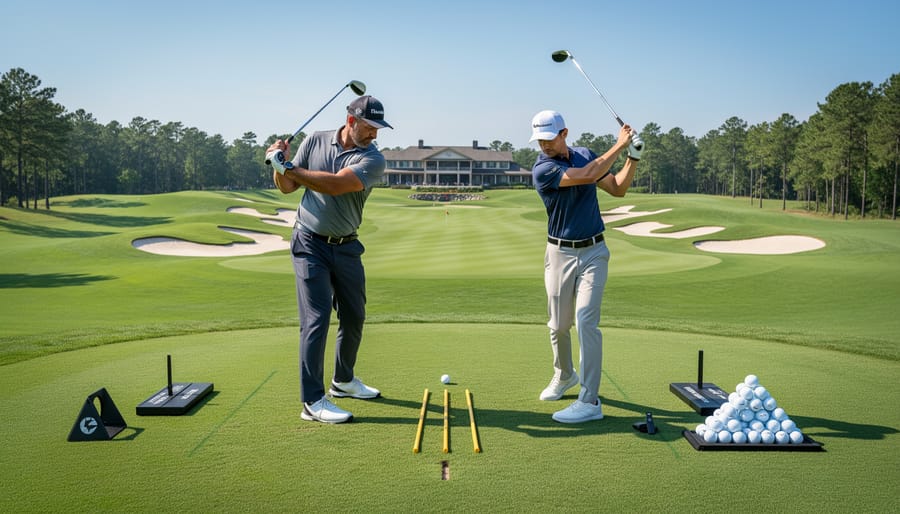Coach and golfer on a manicured championship fairway during a premium instruction session
