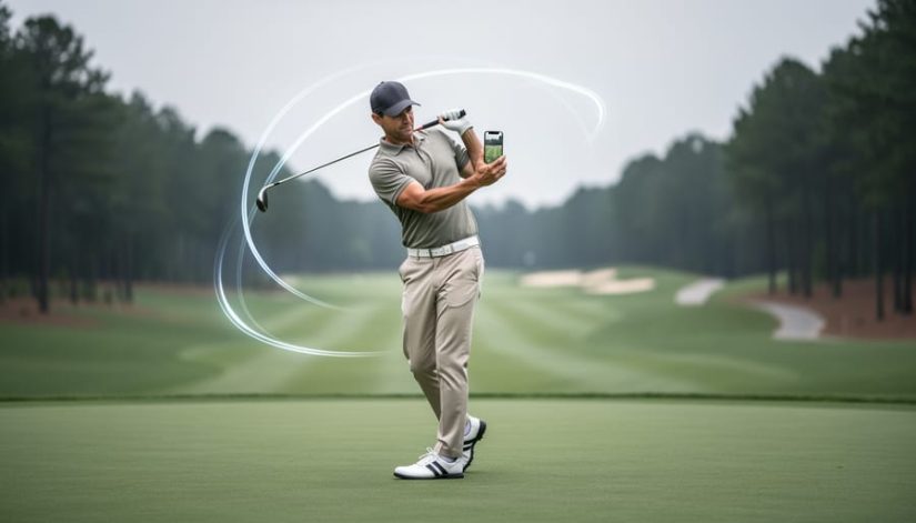 A golfer records their swing on a smartphone at a golf practice area with The Lakes-like fairway and greens blurred in the background.