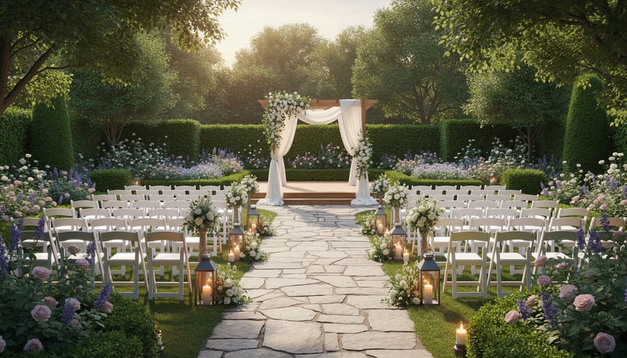 Outdoor wedding ceremony setup with floral arrangements and chairs facing a scenic golf course