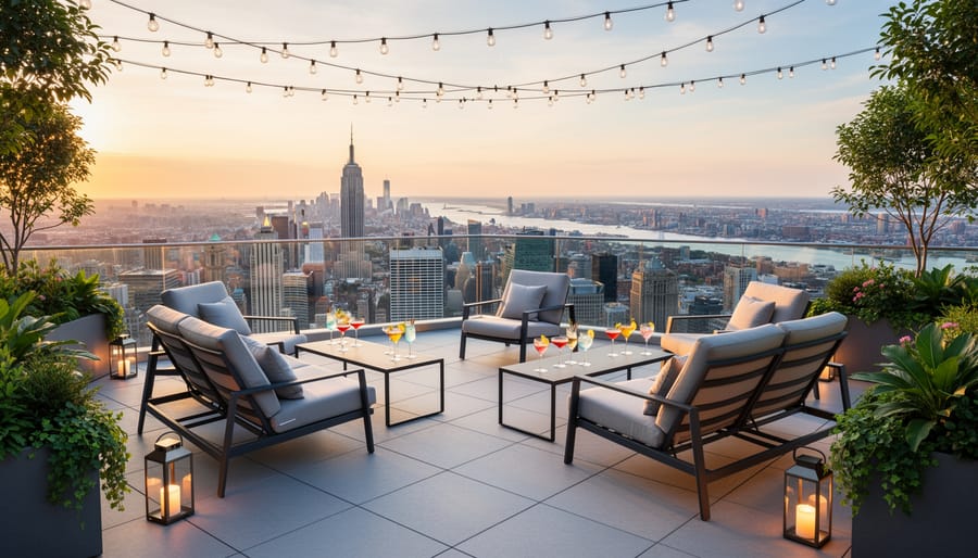 Outdoor patio terrace with seating and panoramic golf course views at golden hour