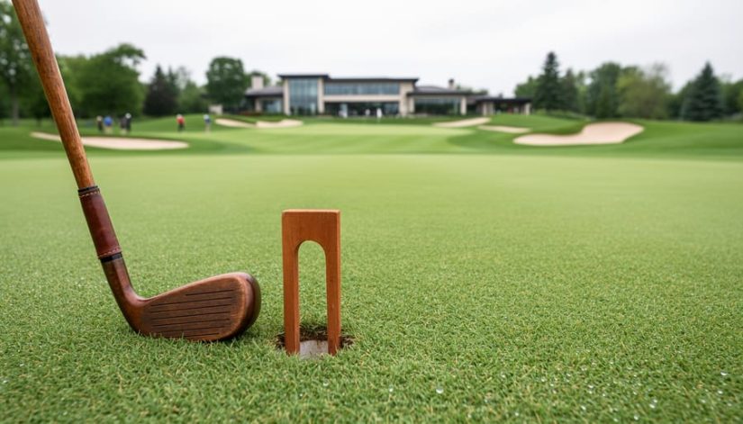 Pristine golf fairway near Toronto with a golf club near the tee area and manicured green in the distance under soft overcast daylight.