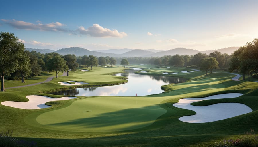 Scenic golf fairway with golfers and natural landscape at golden hour