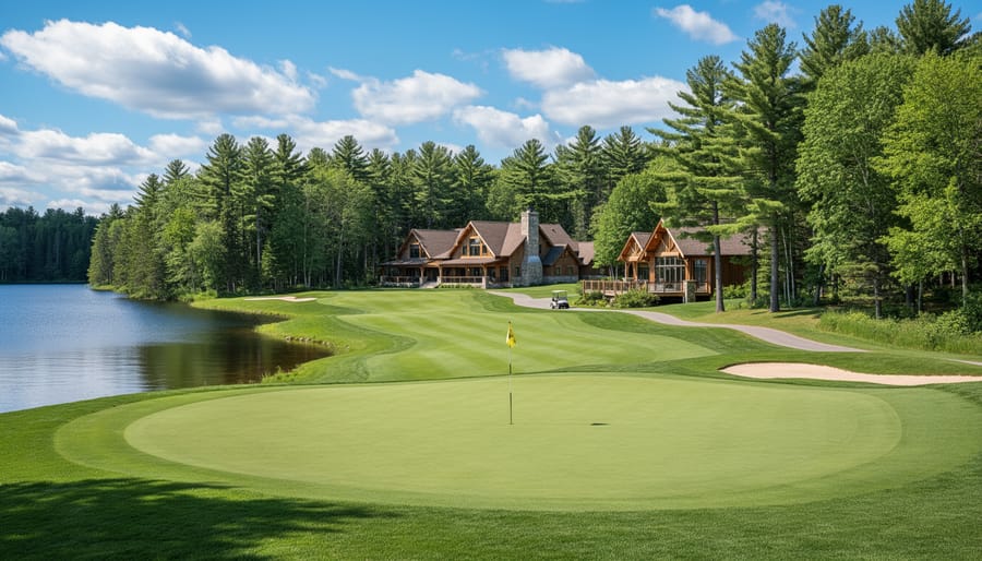 Golf fairway at a cottage-country course with trees and water in the distance at Six Foot Bay Golf Club