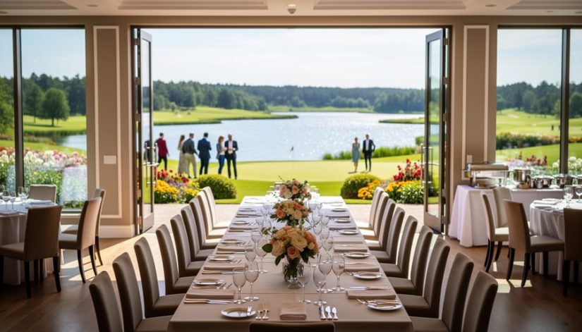 Elegant reception table inside The Lakes Golf & Country Club function room with large windows showing a garden view and sparkling lake beyond.