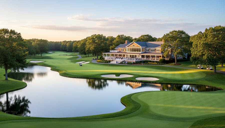 View of a manicured golf fairway and green with a lake and clubhouse in the distance at The Lakes Golf Club