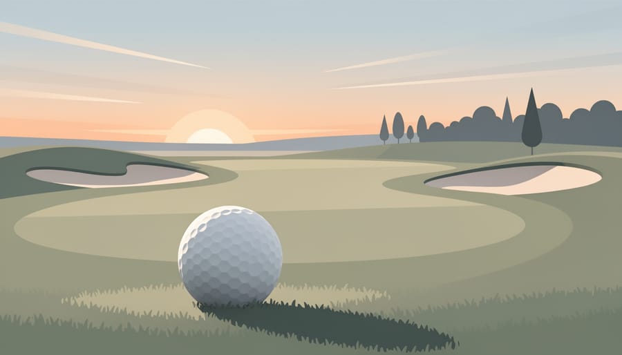 Dew-covered grass with a golf ball at sunrise, suggesting premier golf courses near Toronto