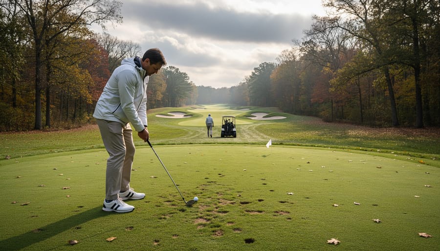 Golfer at an outdoor tee box on a Canadian golf course with long shadows and dewy grass