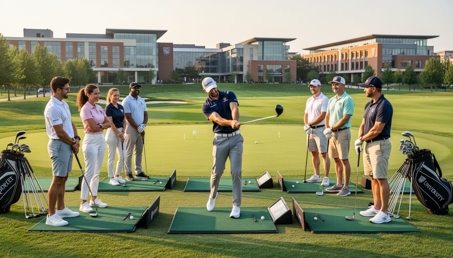 Instructor coaching a beginner at a university golf club driving range