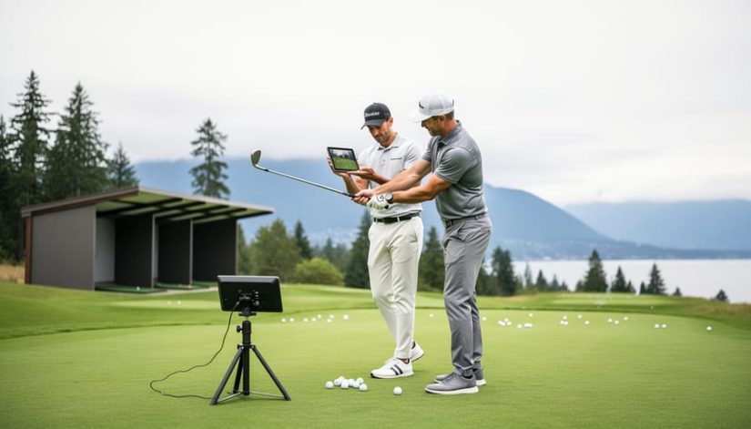 Instructor coaching a student at a Vancouver driving range with a launch monitor and video feedback tablet, with mountains and trees in the background.